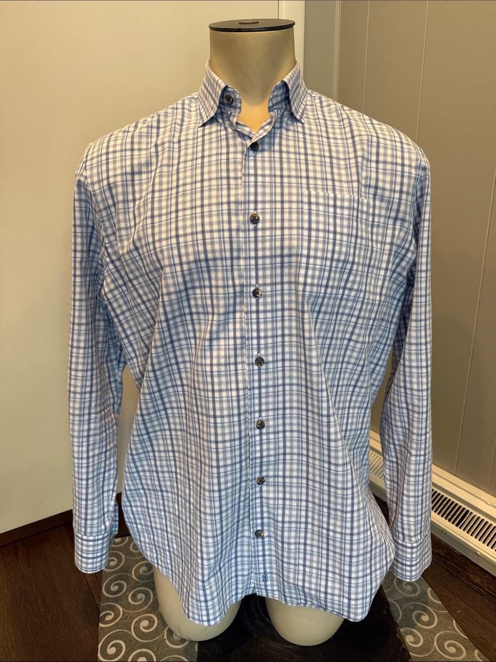 johnnie-O Men’s Large Light Blue and White Plaid Dress Shirt